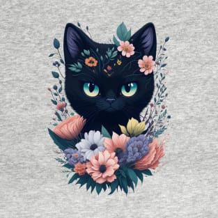 Charming Black Cat with Flowers T-Shirt